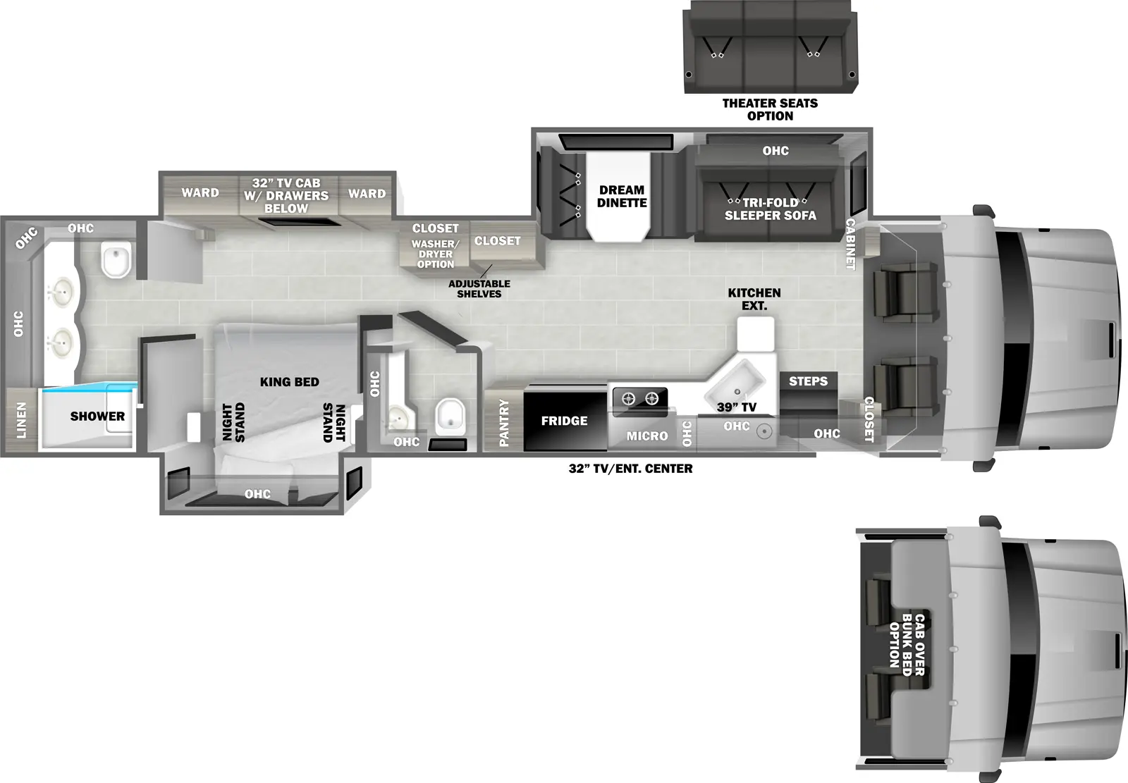 The 3700RB has three slideouts and one entry. Exterior features a TV/entertainment center. Interior layout front to back: cockpit (optional cab over bunk bed); off-door side cabinet, and slideout with tri-fold sleeper sofa (optional theater seating), overhead cabinet, and dream dinette; door side closet, entry, overhead cabinet, kitchen counter with extension, sink, TV, microwave, cooktop, and refrigerator; off-door side cabinet with drawers below, and slideout with closet with washer/dryer option, and wardrobes with TV and drawers below; door side full bathroom with overhead cabinet; door side king bed slideout with overhead cabinet and night stands on each side; rear full bathroom with dual sinks, closet, and overhead cabinets.